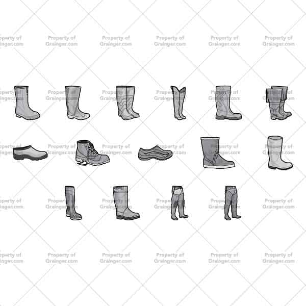 Waders And Work Boots | Nick Volkert A selection of technical line art drawings of waders and work boots in grayscale for search and browse graphic for Grainger dot com.