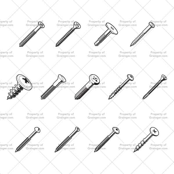 Wood Screws | Nick Volkert A selection of technical line art drawings of types of wood screws at different scales in grayscale for search and browse graphic for Grainger dot com.