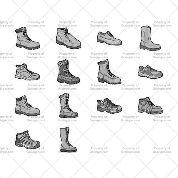 Work Boots | Nick Volkert A selection of technical line art drawings of work boots in grayscale for search and browse graphic for Grainger dot com.