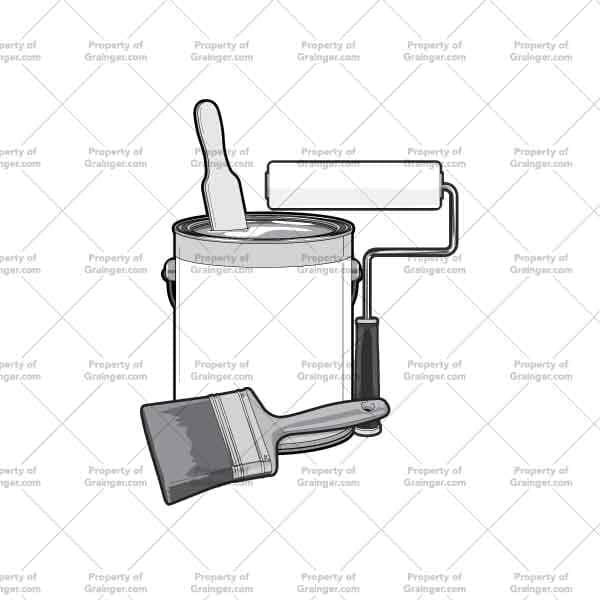 Painting Supplies | Nick Volkert A selection of a technical line art drawing of a collection of painting supplies in grayscale for search and browse graphic for Grainger dot com.