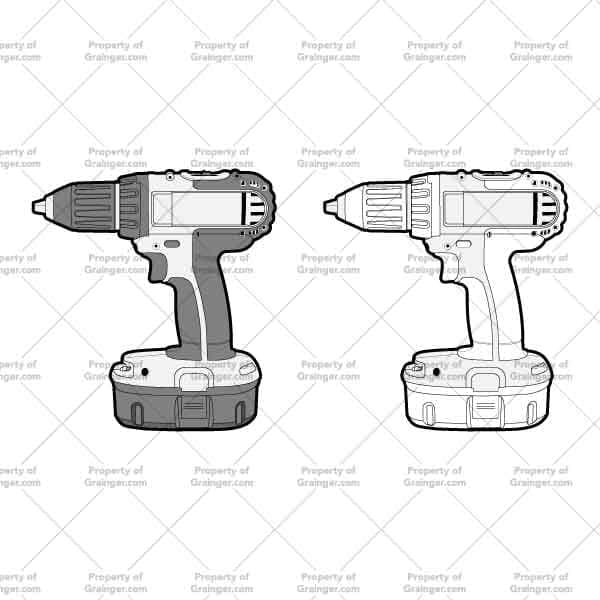 Power Drills | Nick Volkert A selection of a technical line art drawings of identical power drills in grayscale for search and browse graphic for Grainger dot com.