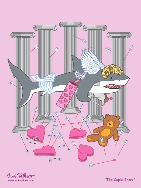 The Cupid Shark | Nick Volkert A shark dressed as cupid surrounded by assorted Valentines chocolates and gifts.