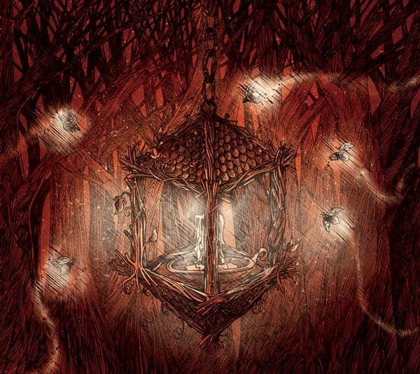 For Our Hero: Afterglow | Nick Volkert Album Art of For Our Hero's 'Afterglow' album featuring a lantern made of twigs with fireflies flying by.