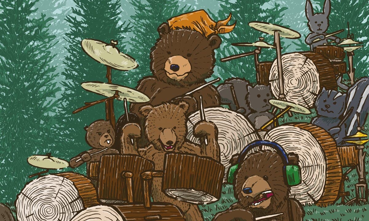 Drummer's Journal Cover | Top Right Detail Detail of a mama bear with a stocking cap playing drums with her cubs.