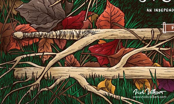 Drummer's Journal Cover | Bottom Left Detail Detail of leaves, grass and a drumstick.