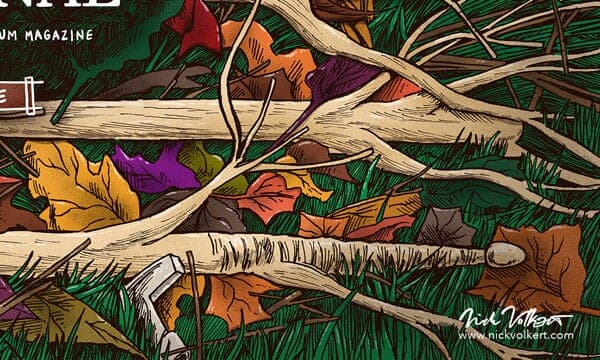 Drummer's Journal Cover | Bottom Right Detail Detail of leaves, grass, a drum key, and a drumstick.