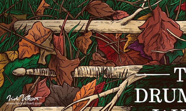 Drummer's Journal Cover | Top Left Detail Detail of leaves, grass, and a drumstick.