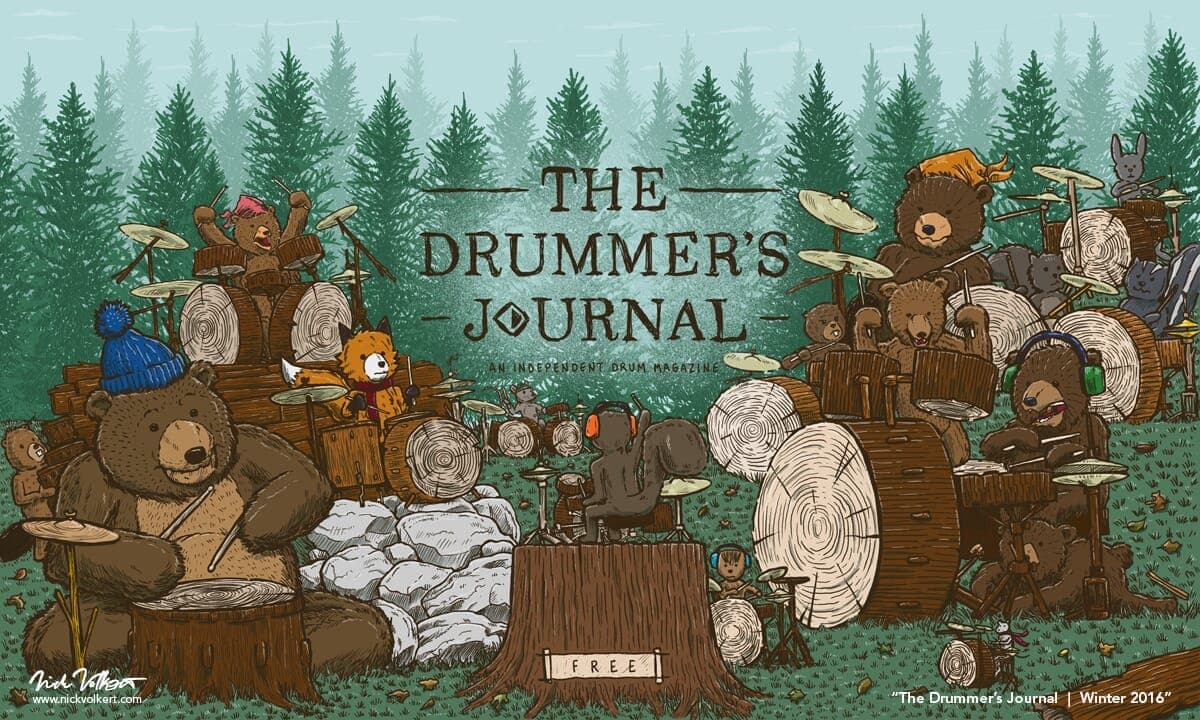 The Drummer's Journal: Winter 2016 Issue | Nick Volkert A large gathering of forest creatures jam on logs and wood drums to a squirrel drum instructor.