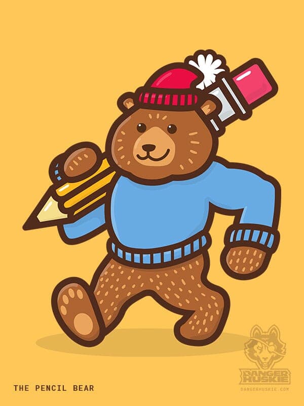 The Pencil Bear | Nick Volkert A bear with a stocking cap and sweater is walking by with a giant number 2 pencil.