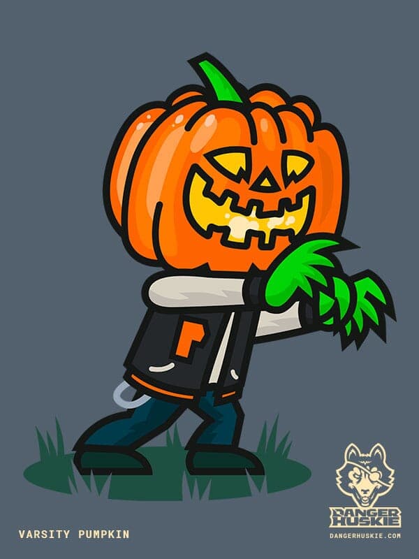 Varsity Pumpkin | Nick Volkert A man with a jack o' lantern head is marching by in a varsity jacket in the dark.