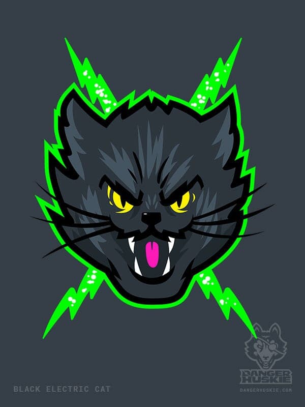 Black Electric Cat | Nick Volkert A black cat with yellow eyes and neon bolts is angry at the viewer.