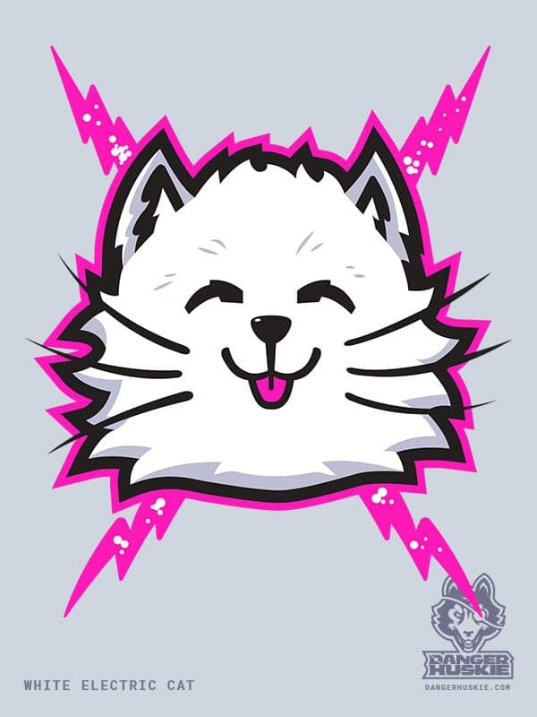 White Electric Cat | Nick Volkert A white cat with pink bolts purrs at the viewer.