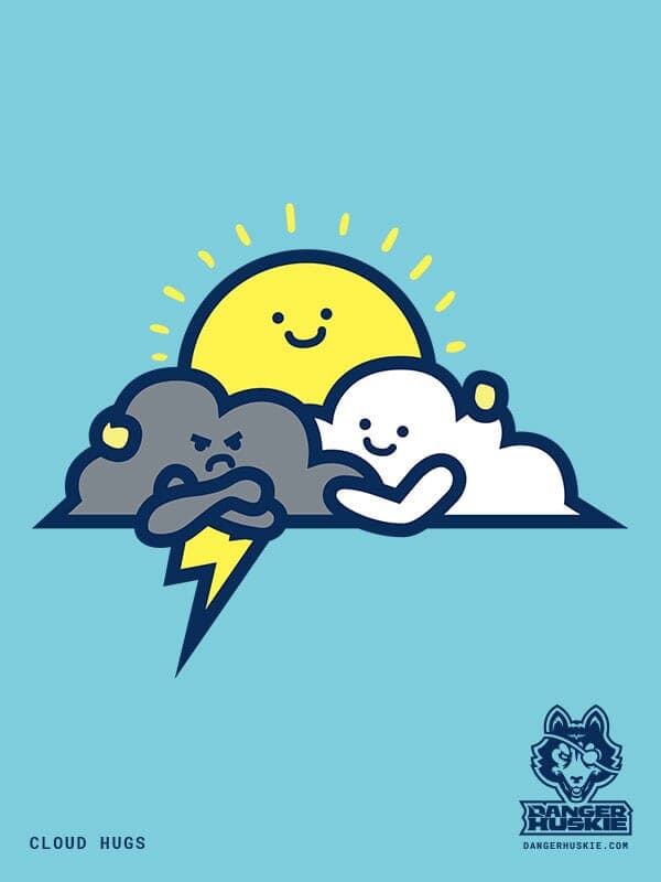 Cloud Hug | Nick Volkert A grumpy thunder cloud gets a hug from a fluffy white cloud and the sun.