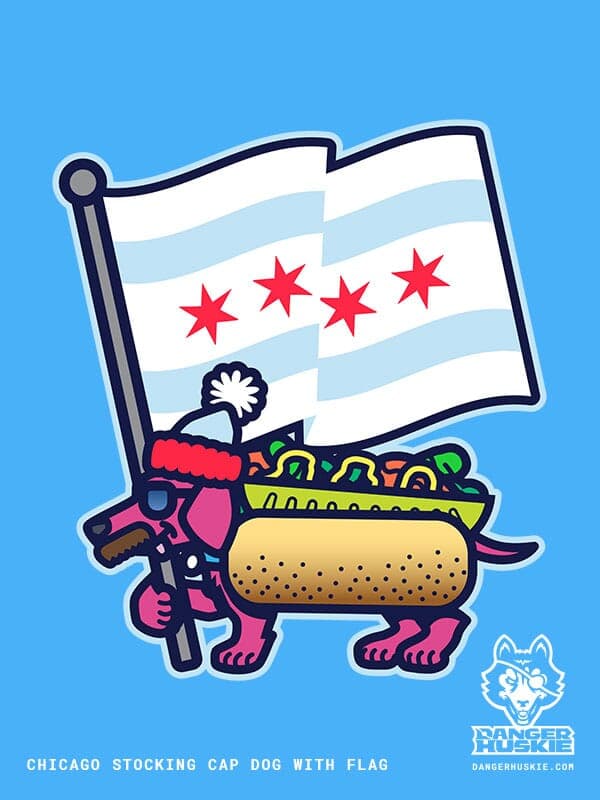 Chicago Stocking Cap Dog with Flag | Nick Volkert A friendly dachshund in a stocking cap with the colors of the Chicago flag and also sporting a costume with the toppings of the Chicago-style hot dog!