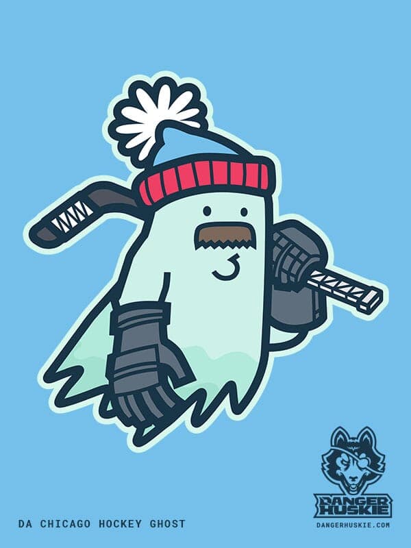 Da Chicago Hockey Ghost | Nick Volkert A friendly floating ghost holding a hockey stick that's taped up, and hockey gloves, all while keeping warm with a stocking cap!