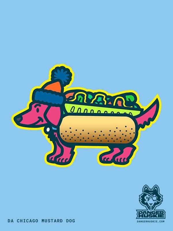 Da Chicago Mustard Dog | Nick Volkert A dachshund smiles while wearing a stocking cap and Chicago style hot dog costume.