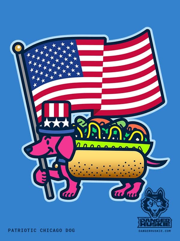 Da Patriotic Chicago Dog | Nick Volkert A Chicago-style hot dog is wearing a red white and blue top hat while carring a large waving American flag.