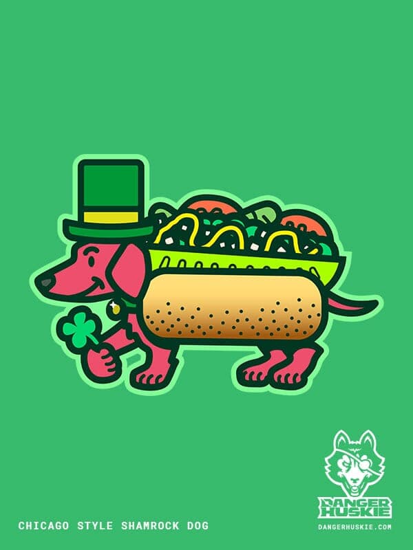 Chicago-Style Shamrock Dog | Nick Volkert A friendly dachsund decked out as a chicago-style hot dog wears a festive St. Patrick's Day themed top hat and presents a luck four leaf clover!