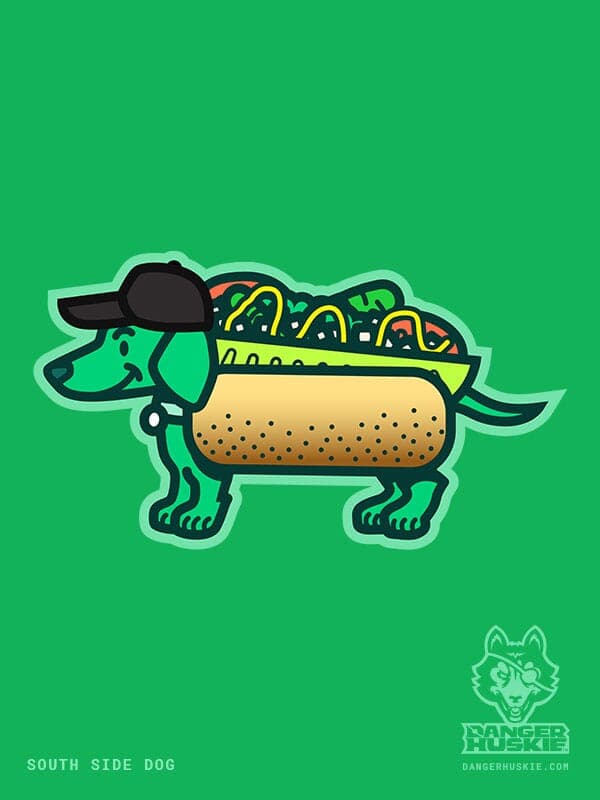 South Side Dog | Nick Volkert A smiling green dog wears a Chicago Dog costume while wearing a black baseball cap.