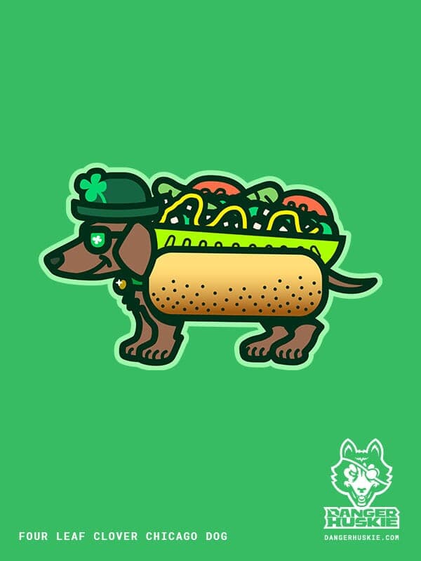 Four Leaf Clover Chicago Dog | Nick Volkert A smiling little dachshund is wearing green for St Patrick's Day in addition to a full sized Chicago-style hot dog costume!