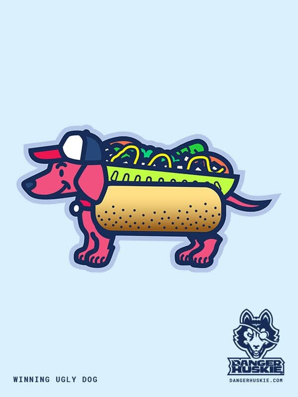 Winning Ugly Dog | Nick Volkert A smiling wiener dog wears a red, white and blue ballcap and a chicago-style hot dog costume.
