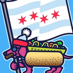 Chicago Stocking Cap Dog with Flag | Nick Volkert A friendly dachshund in a stocking cap with the colors of the Chicago flag and also sporting a costume with the toppings of the Chicago-style hot dog!