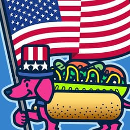 Da Patriotic Chicago Dog | Nick Volkert A Chicago-style hot dog is wearing a red white and blue top hat while carring a large waving American flag.