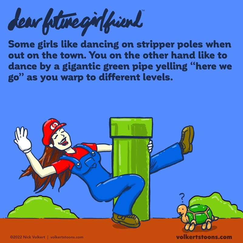 Happy Mario Day (Updated) - Part 1 | Dear Future Girlfriend | Nick Volkert A woman dressed as Mario dances against a green warp pipe. - Part 1