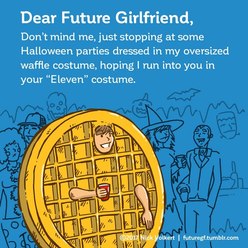 Waffles - Part 1 | Dear Future Girlfriend | Nick Volkert A man works a Halloween party crowd in a gigantic waffle costume. - Part 1