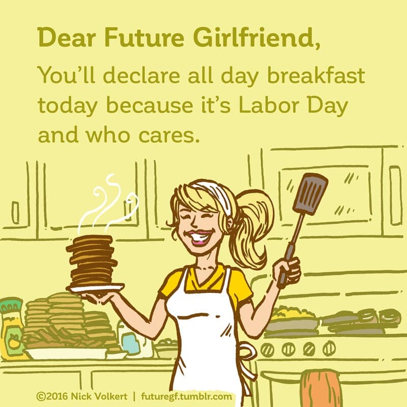 All Day Breakfast - Part 1 | Dear Future Girlfriend | Nick Volkert A woman is smiling holding a plate stacked with pancakes. - Part 1