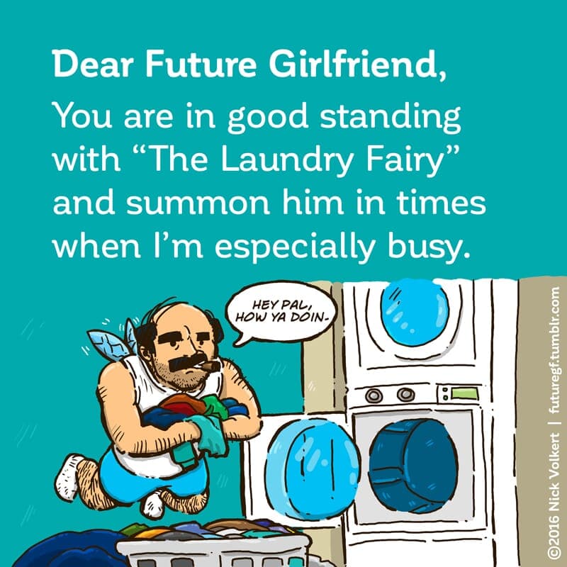 Laundry - Part 1 | Dear Future Girlfriend | Nick Volkert A small balding man with a cigar and fairy wings attends to a basket full of laundry. - Part 1