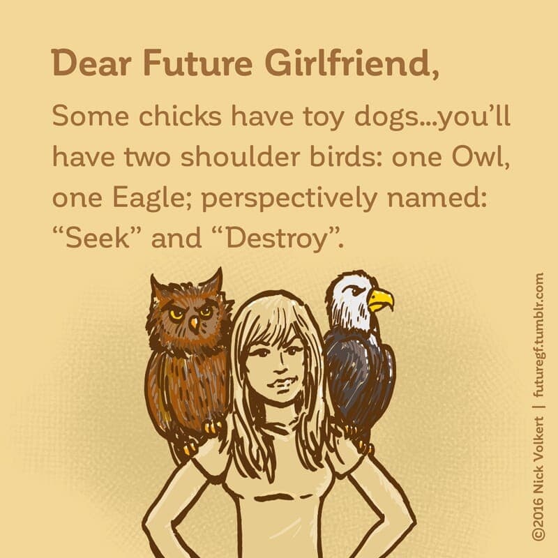 Seek and Destroy - Part 1 | Dear Future Girlfriend | Nick Volkert A woman presents and eagle and an owl on her shoulders. - Part 1