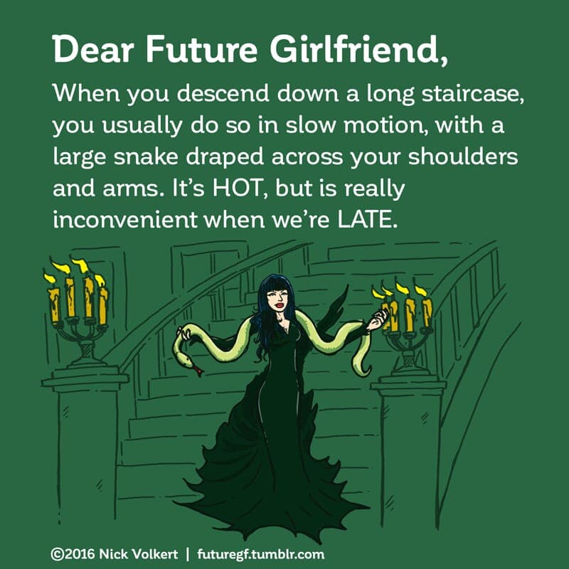 Shoulder Snake - Part 1 | Dear Future Girlfriend | Nick Volkert A woman dressed in black descends down a flight of stairs with a snake draped across her shoulders - Part 1