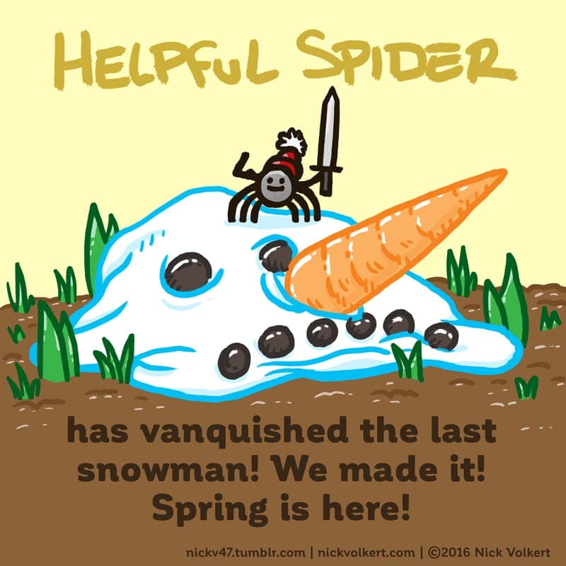 Vanquish - Part 1 | Helpful Spider | Nick Volkert Helpful Spider is holding a sword on a melting snowman head. - Part 1