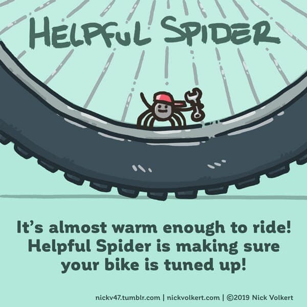 Cycling - Part 1 | Helpful Spider | Nick Volkert Helpful Spider is on a bike tire holding a wrench. - Part 1