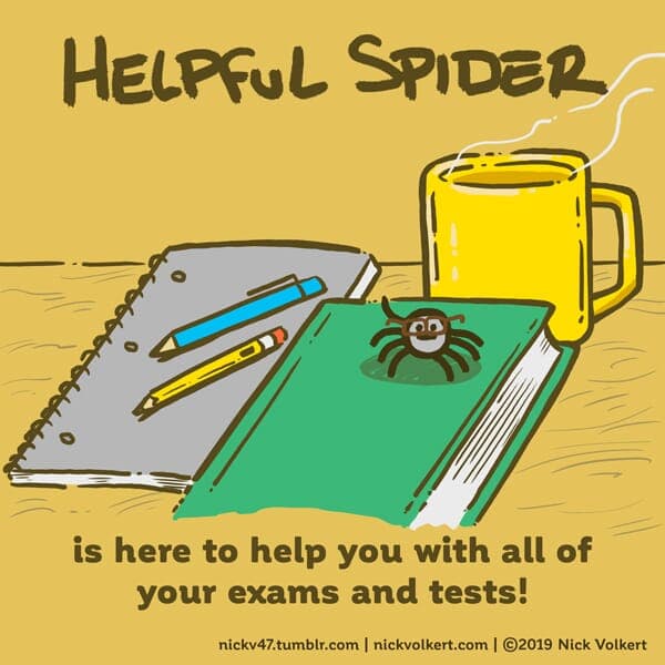 Exams - Part 1 | Helpful Spider | Nick Volkert Helpful Spider is on a text book wearing glasses. - Part 1
