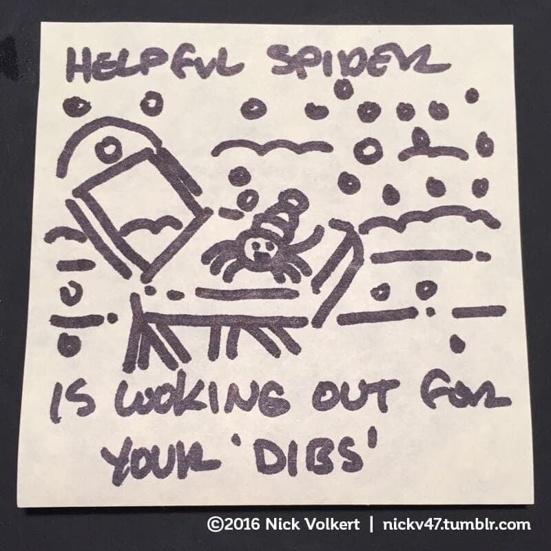 Dibs - Part 1 | Helpful Spider | Nick Volkert The Helpful Spider is sitting on a lawn chair in an empty parking spot, calling dibs. - Part 1