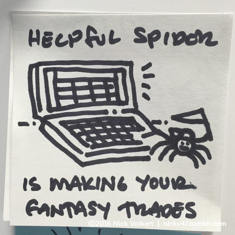 Fantasy Football - Part 1 | Helpful Spider | Nick Volkert Helpful Spider is in front of a laptop making fantasy football trades. - Part 1