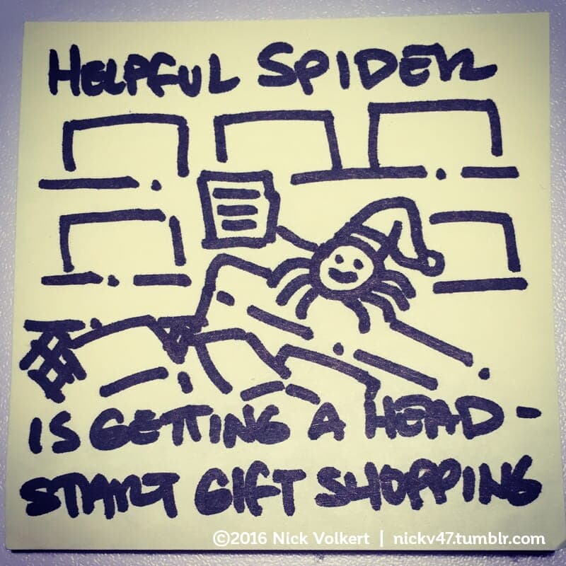 Shopping - Part 1 | Helpful Spider | Nick Volkert Helpful Spider is on a cart full of items holding his shopping list. - Part 1