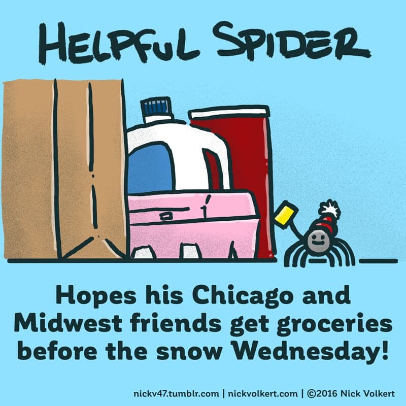 Groceries - Part 1 | Helpful Spider | Nick Volkert Helpful Spider is in front of some assorted groceries with a list. - Part 1
