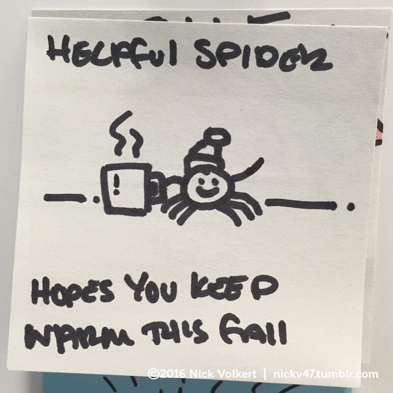 Keep Warm - Part 1 | Helpful Spider | Nick Volkert Helpful Spider is holding a mug while wearing a stocking cap and waving. - Part 1