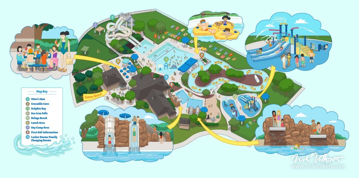 Illustrated Mystic Waters Water Map | Nick Volkert Vibrant vector map of Mystic Waters Water Park in Des Plaines, IL, illustrated by Nick Volkert.