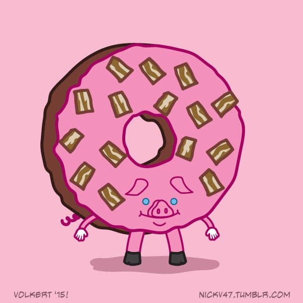 Bacon Donut | Nick Volkert A donut with a piggy face is sprinkled with bits of bacon.