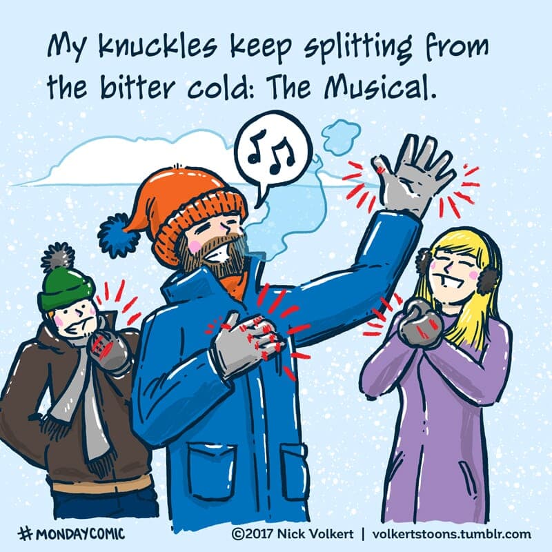 Split Knuckles - Part 1 | Monday Comic | Nick Volkert A man with a beard and stocking cap sings to friends about his knuckles splitting from the cold. - Part 1