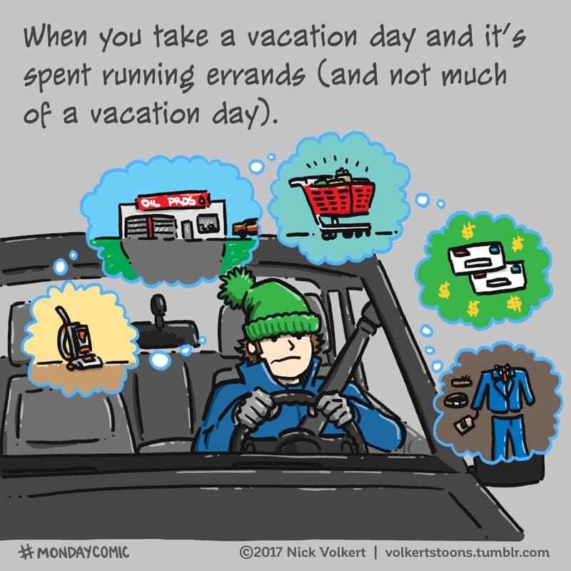 Vacations that aren't vacations - Part 1 | Monday Comic | Nick Volkert A man stuck in traffic on his day off, not enjoying his day off. - Part 1