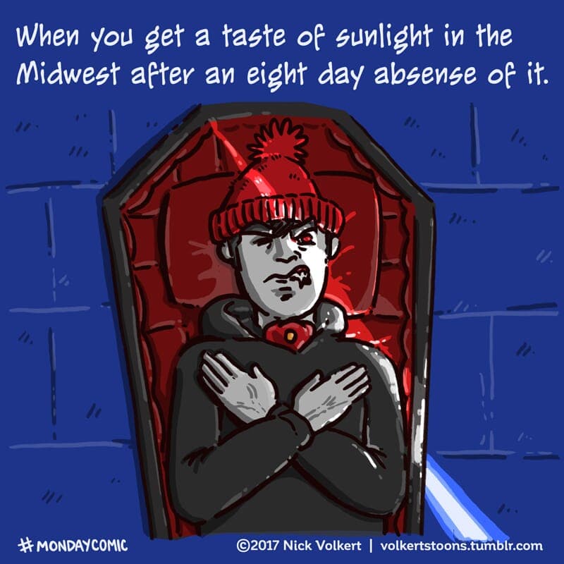 Sunlight in the grim Midwest Winter - Part 1 | Monday Comic | Nick Volkert A Midwestern vampire is bothered by a splinter of light. - Part 1