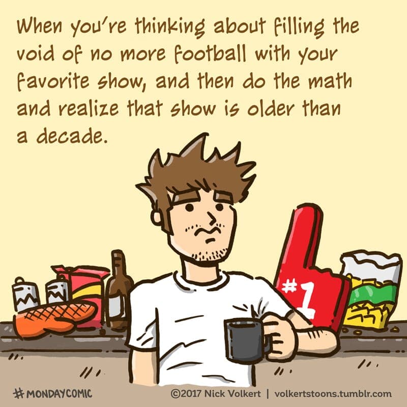 Filling the void of football. - Part 1 | Monday Comic | Nick Volkert A man making a face while drinking coffee and thinking. - Part 1