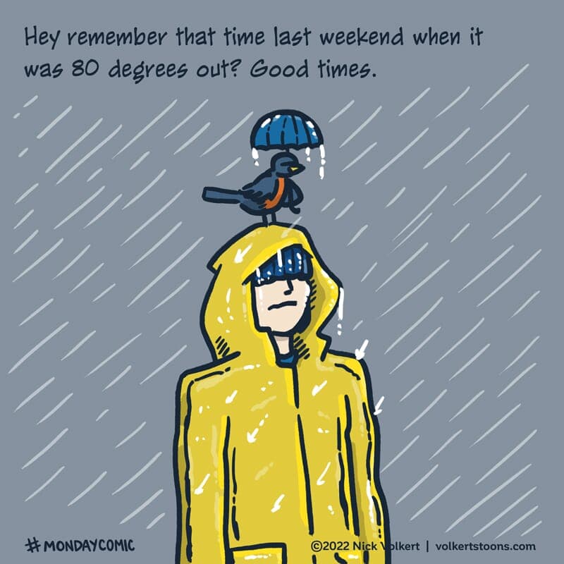 Remember when it was 80? - Part 1 | Monday Comic | Nick Volkert A man soaks up the Spring rain in a gloomy scene with a robin on his head holding an umbrella. - Part 1