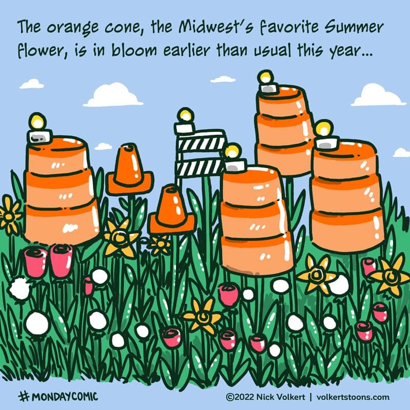 Orange Cone Season - Part 1 | Monday Comic | Nick Volkert A man shows his dry, cracked hands as Old Man Winter creeps behind him. - Part 1
