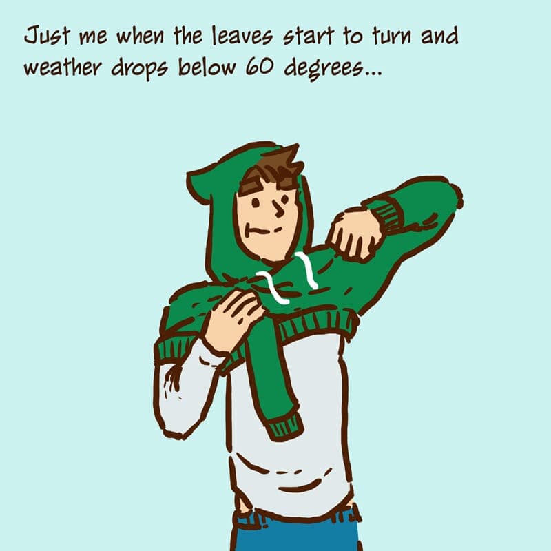 Retreat to Hoodie Season (Fall Edition) - Part 1 | Monday Comic | Nick Volkert A young man disappears into a hooded sweatshirt with the hood up. - Part 1